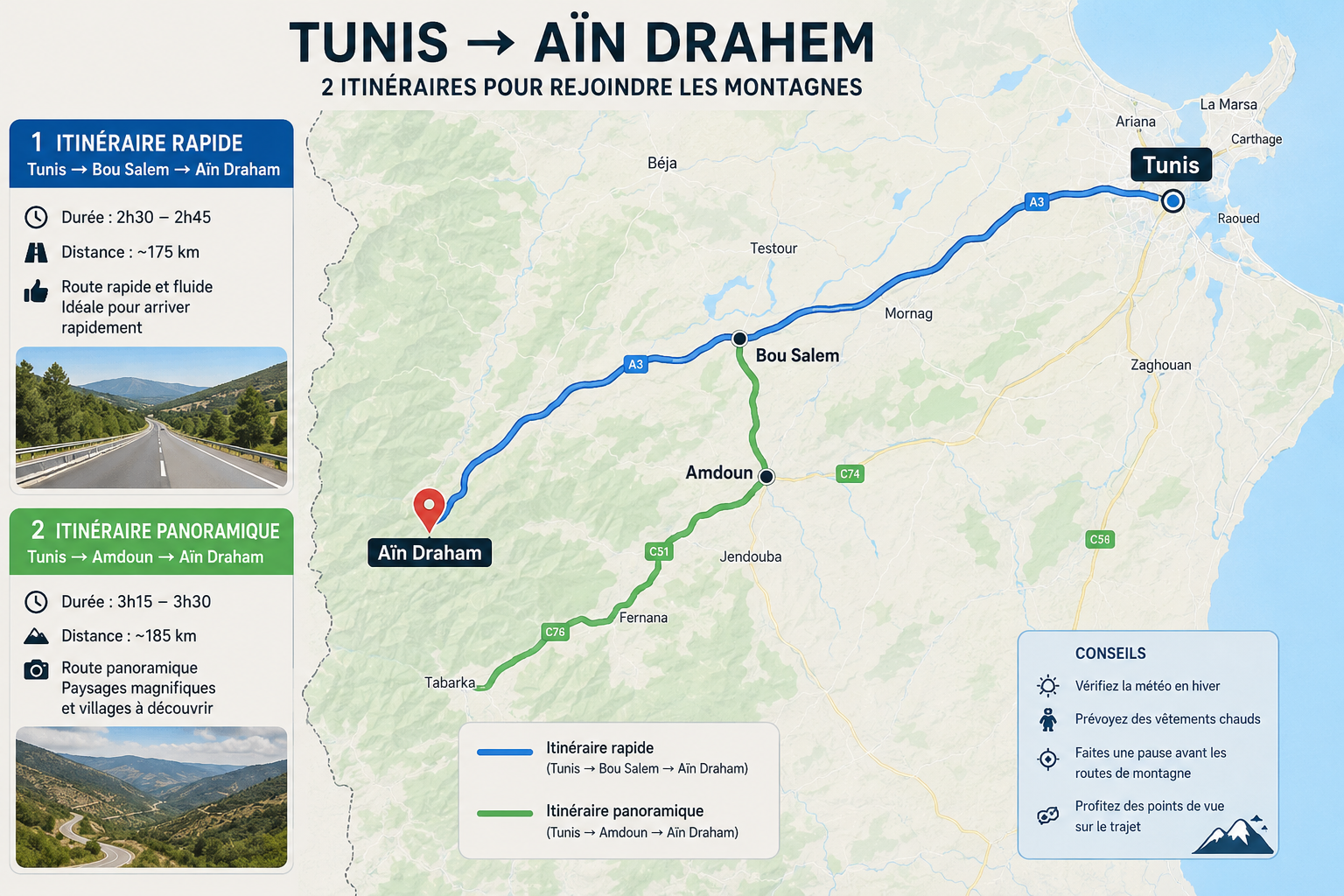 ittinéraires et distance entre tunis et et ain draham en passnt par amdoun ou par bouselem